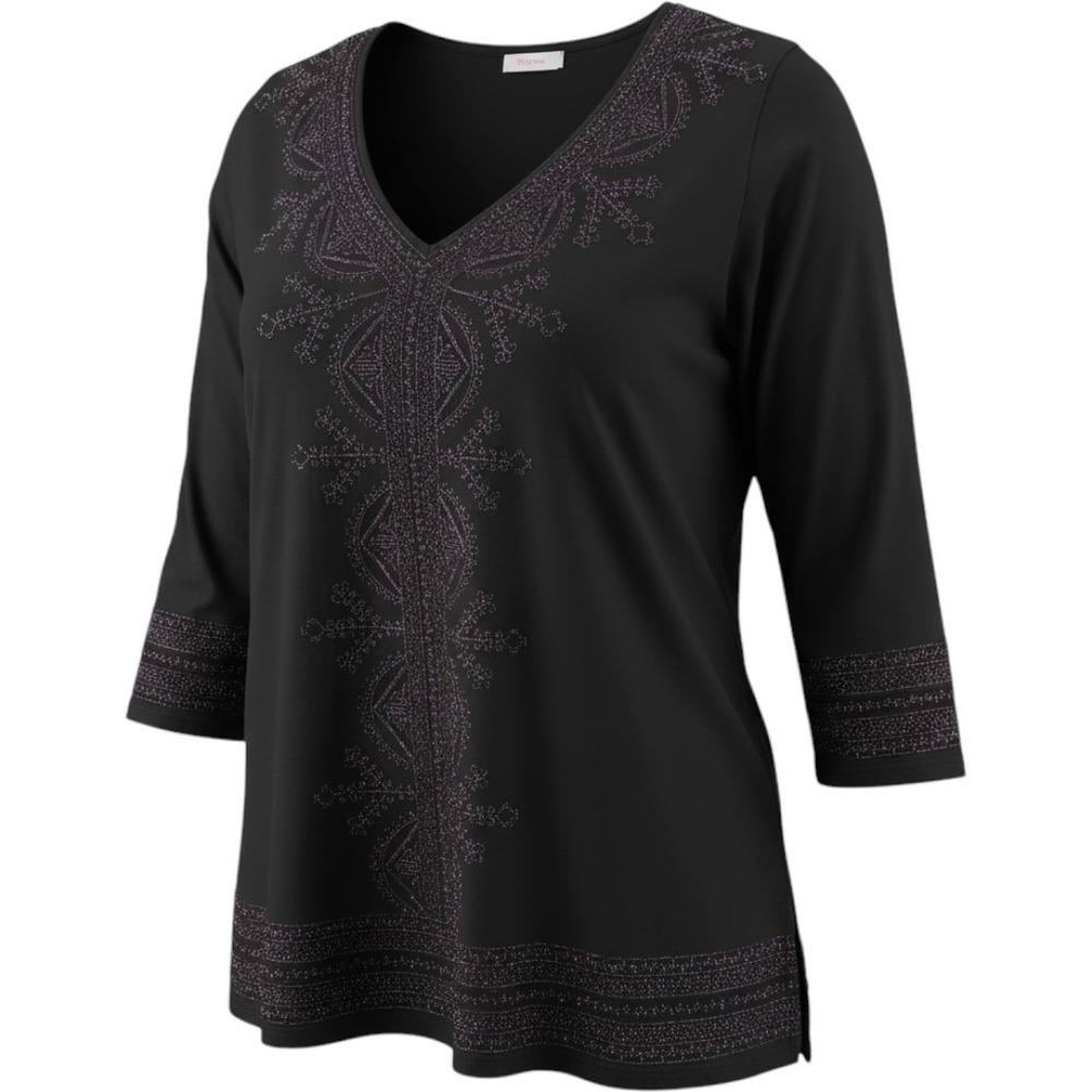 J. Jill Black Embroidered Beaded V-Neck Tunic Top 3/4 Sleeve Large Petite